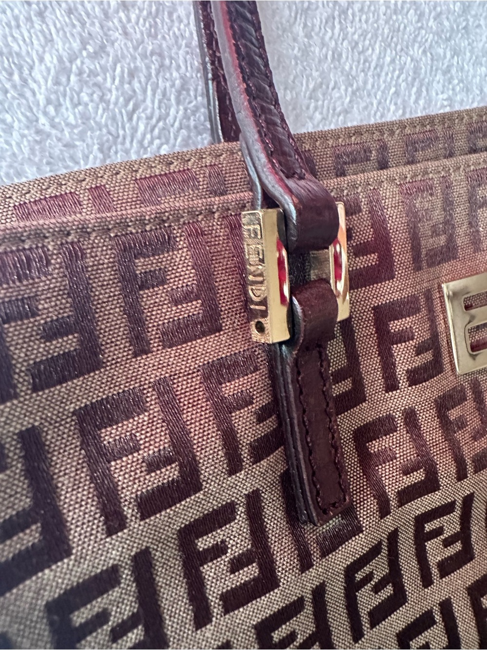 FENDI Zucca Tote Bag Vintage Brown Canvas Shoulder Bag Gold FF Hardware - Picture 9 of 11